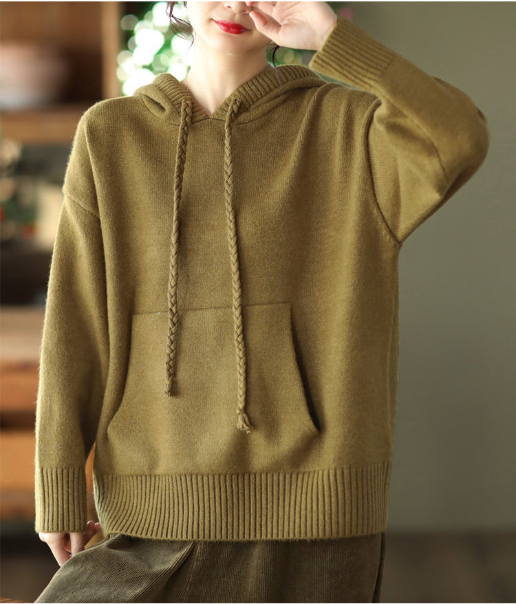 Thick Twist Drawstring Hooded Knit Sweater