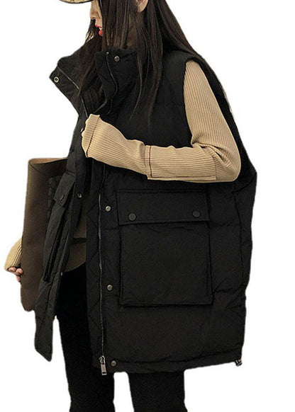 Boutique Black Loose Stand Collar Pockets Winter Down Vest