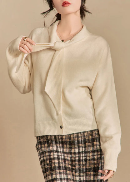 Beige Bow Button Knit Sweaters Winter