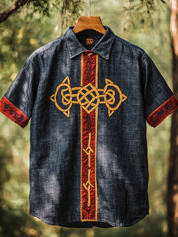 Celtic Totem Embroidered Men's Linen Short Sleeve Shirt elevenforest
