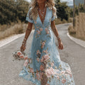 Women's Vintage Floral Embroidery V Neck Casual Midi Dress elevenforest