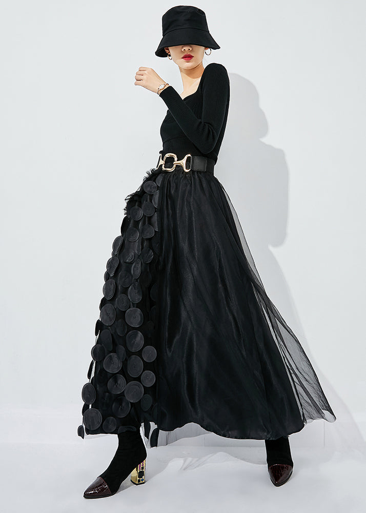 Black Ruffled Patchwork Dot Tulle a Line Skirts Summer