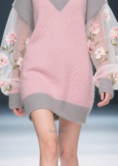 Boutique Colorblock V Neck Patchwork Tulle Knitwear Dress Winter