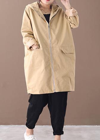 Khaki Trench Coat Work Hooded Zippered Fall Coat