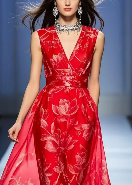 Red Print Draping Chiffon Vacation Dresses Sleeveless