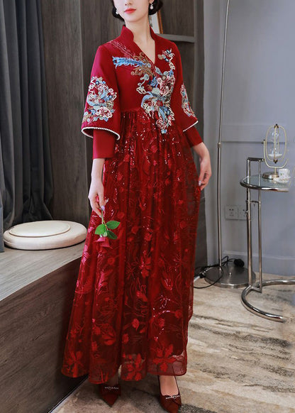 Red Embroidered Patchwork Lace Long Dress Spring