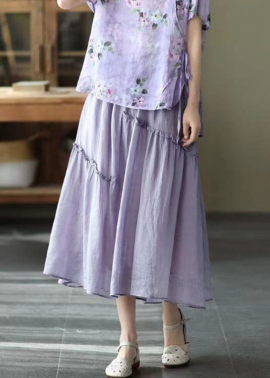 Purple Elastic Waist Asymmetrical Ruffled Pockets Linen Skirt Summer