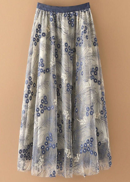 Blue Embroidery Wrinkled Tulle Skirts Summer