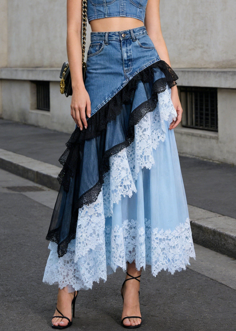 Blue Asymmetrical Lace Patchwork Denim Skirts Summer
