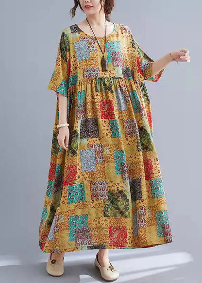 O Neck Short Sleeve Cotton Long Dresses Patchwork Color Clothing Summer Dress