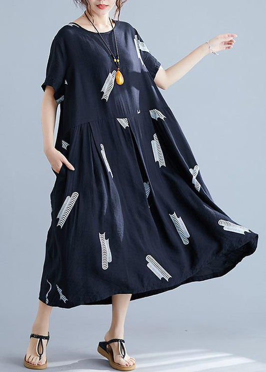 Black Prints Cotton Linen Robes Loose Waist Clothing Summer Dresses