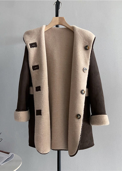 Chocolate Button Woolen Hoodie Coat Wear on Both Sides Winter