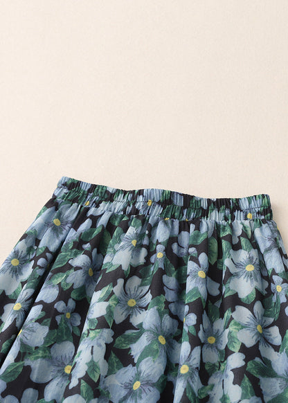 Blue Print Elastic Waist Cotton Skirts Summer