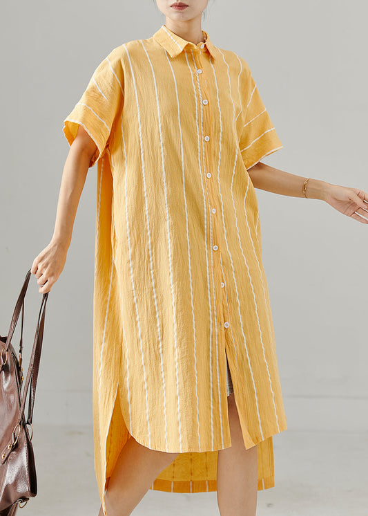 Yellow Striped Low High Design Cotton Dresses Summer