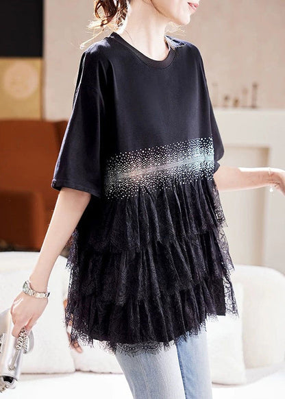 Black Zircon Lace Patchwork Cotton T Shirt Summer
