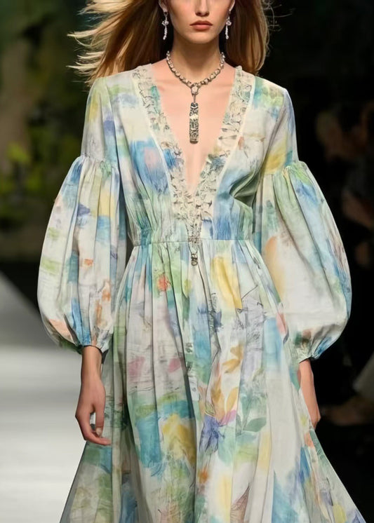 Multicolour Print Exra Large Hem Cotton Dress Puff Sleeve