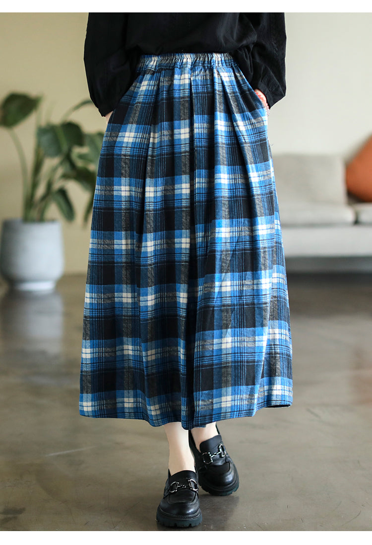 Cotton and Linen Check Elastic High Waist A-line Skirt