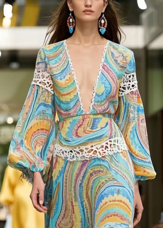 Print Patchwork Lace Long Dress Spring