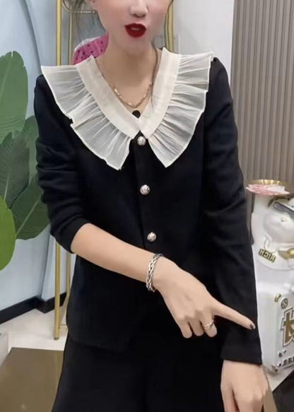 Red Ruffled Button Knit Tops Long Sleeve