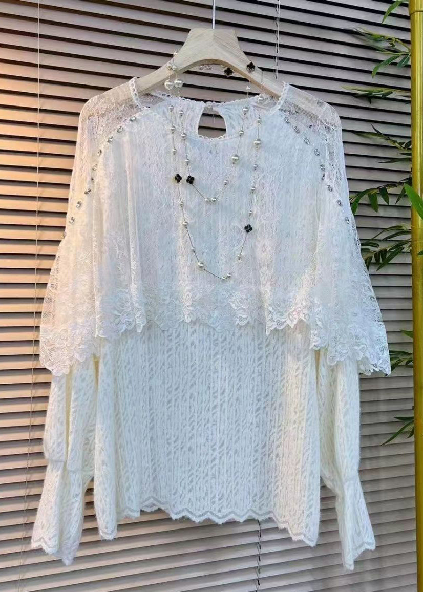 White O Neck Ruffled Zircon Lace Top Fall