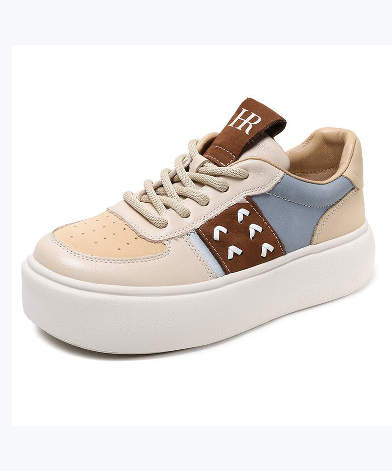 Beige Flat Shoes Platform Cowhide Leather Lace Up