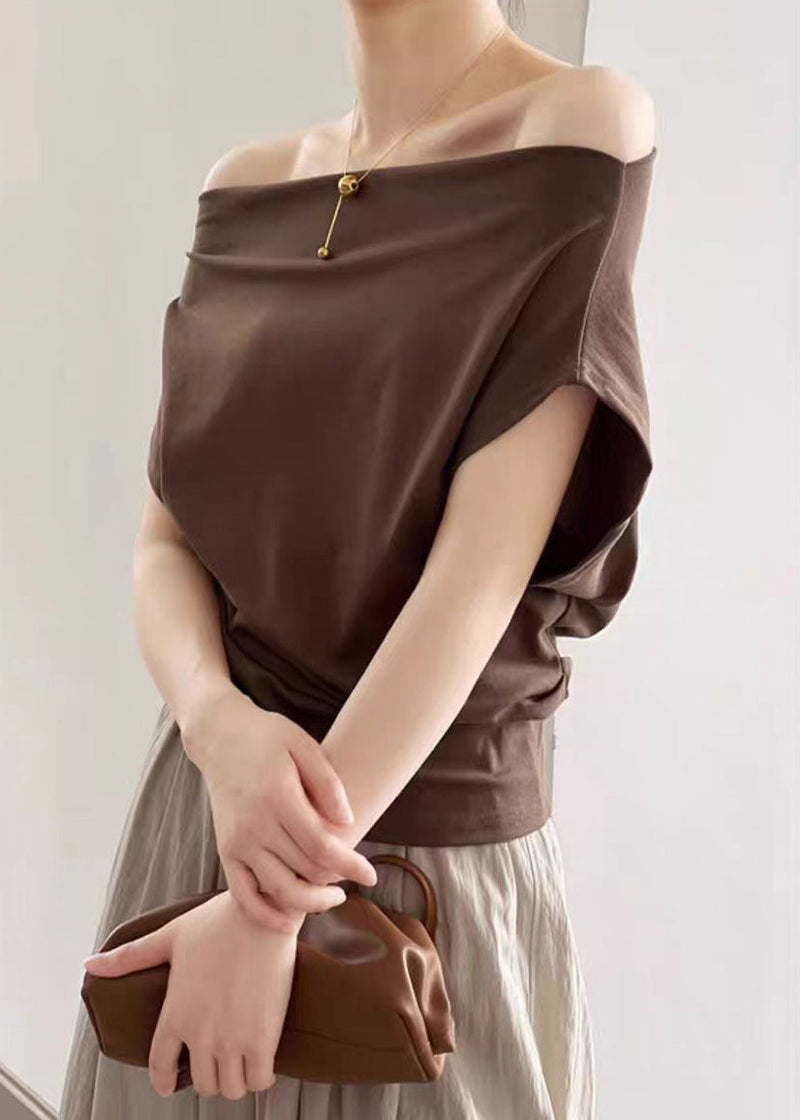 Coffee Cotton Summer T Shirts Cold Shoulder
