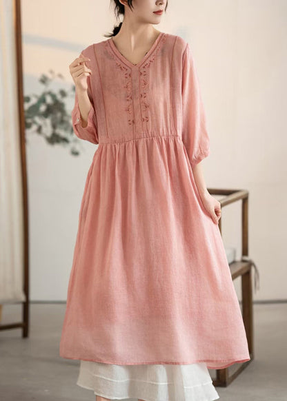 Pink V Neck Patchwork Linen Dresses Summer