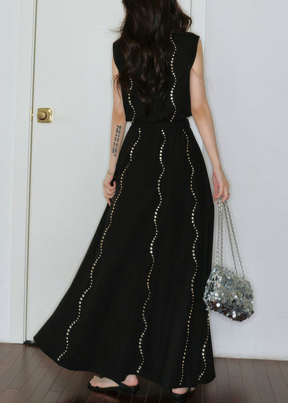 French Black Zircon Lace Up Tops and Skirts Cotton Two Pieces Set Sleeveless