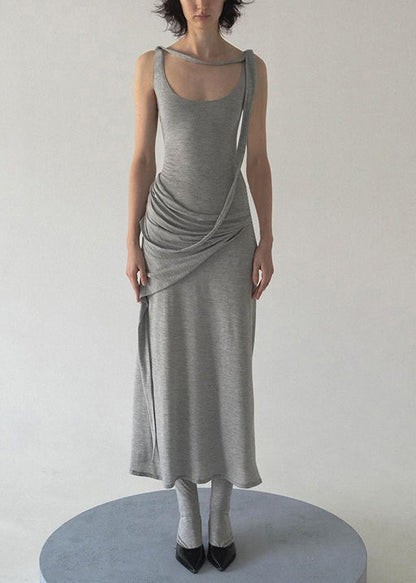 Art Grey Wrinkled Cotton Spaghetti Strap Dress Sleeveless