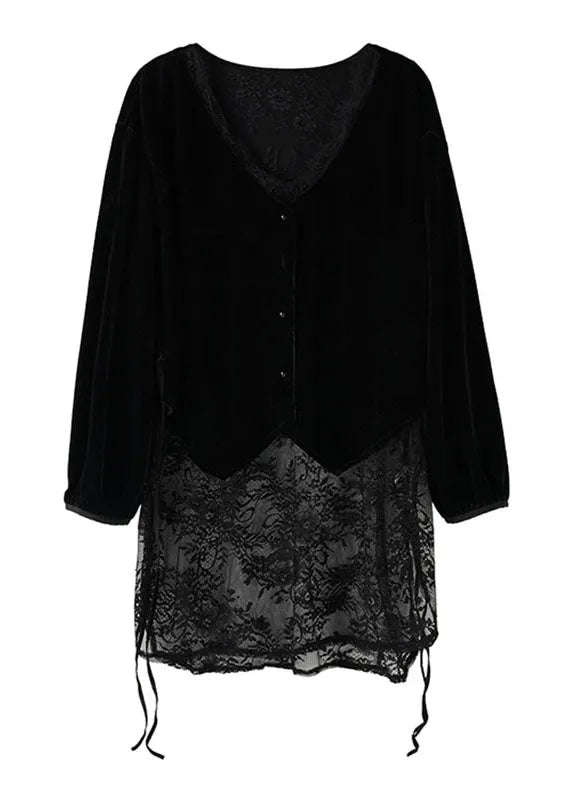 Black V Neck Lace Patchwork Silk Velour Top Long Sleeve