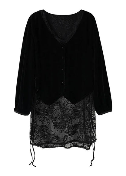 Black V Neck Lace Patchwork Silk Velour Top Long Sleeve
