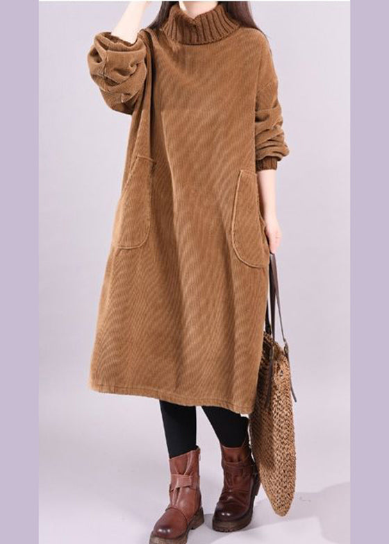 Coffee Patchwork Thick Corduroy Dresses Turtle Neck Long Sleeve