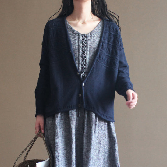 Autumn V Neck Cotton Knit Cardigans Navy Sweater Tops