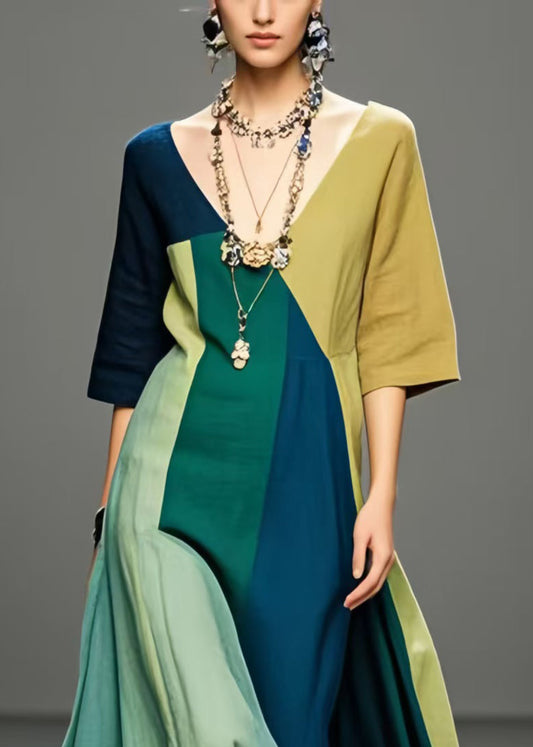 Multicolour V Neck Exra Large Hem Cotton Long Dress Summer
