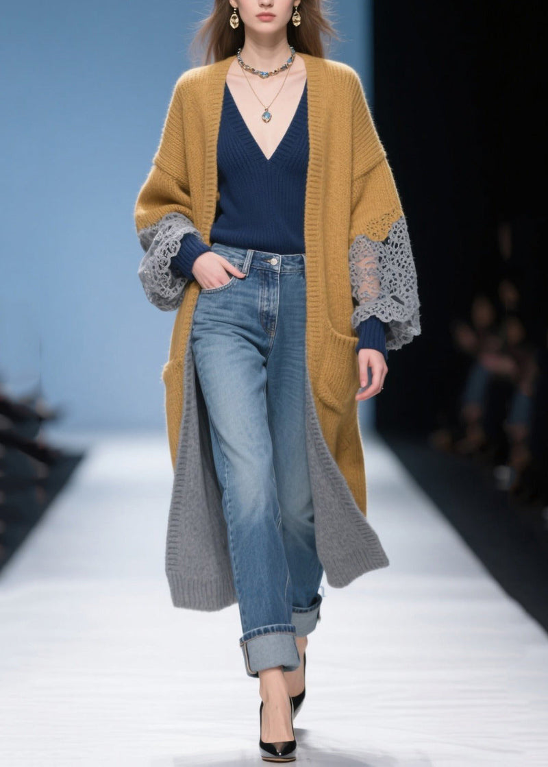 Khaki Oversized Patchwork Lace Long Cardigans Winter