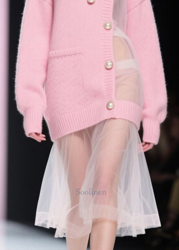 Pink Patchwork Tulle Pearl Knitted Dress Fall