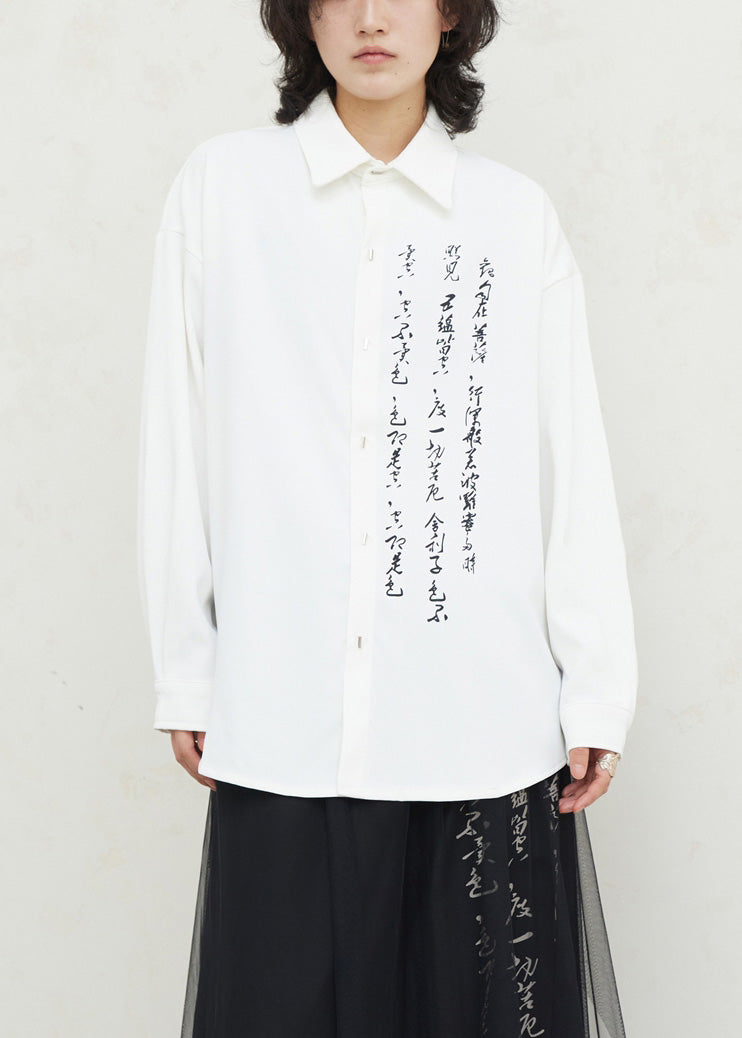 White Graphic Print Button Top Fall