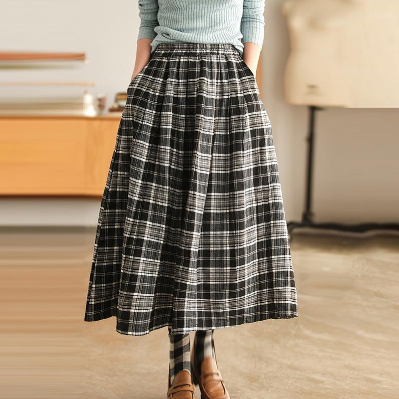 Plaid Pocket A-line Elastic Waist Skirt