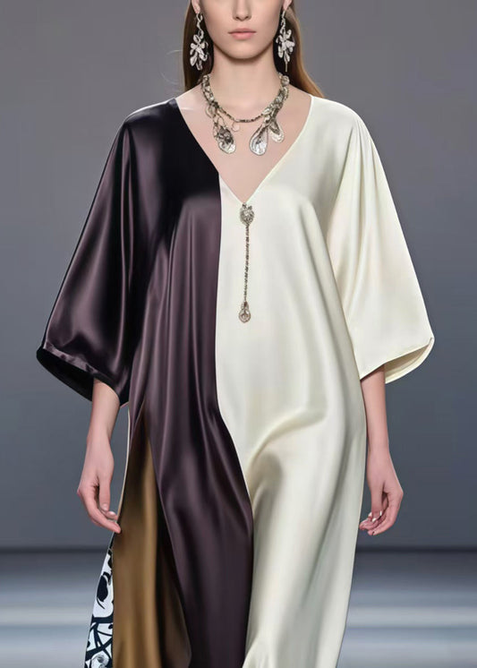Fitted Colorblock Oversized Patchwork Silk Dresses Half Sleeve