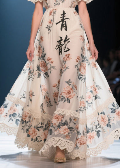 White Print Exra Large Hem Chiffon Strapless Dress Summer