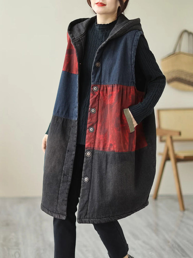 Winter Colorblock Hooded Mid Length Waist Coat