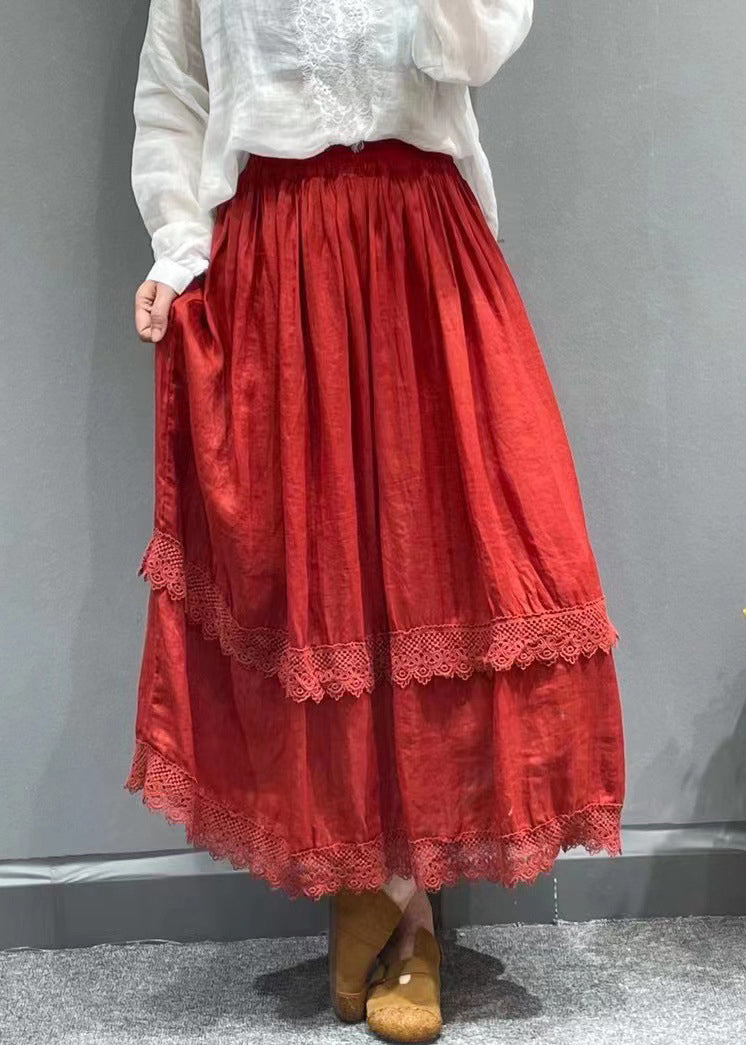 Red Elastic Waist Lace Patchwork Linen Pleated Skirt Summer