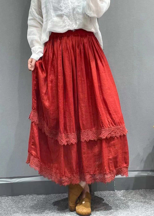 Red Elastic Waist Lace Patchwork Linen Pleated Skirt Summer