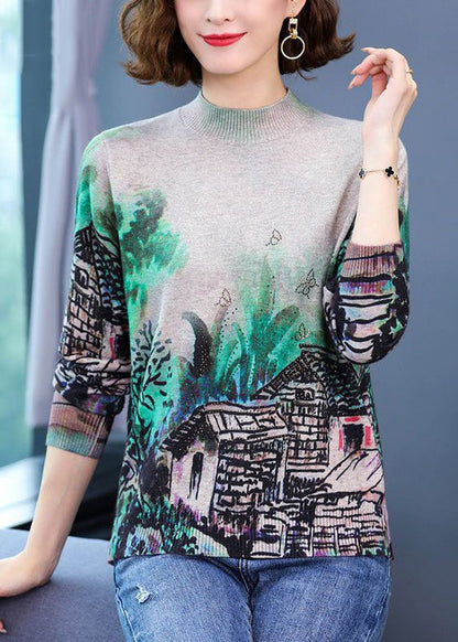 Green Zircon Cozy Cotton Knittop O-neck Long Sleeve