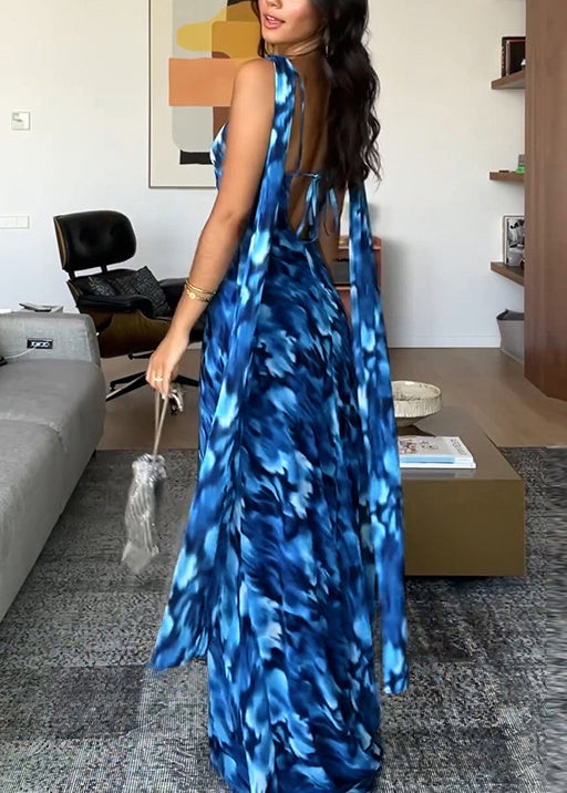 Blue Backless Print Tulle Spaghetti Strap Dress Summer