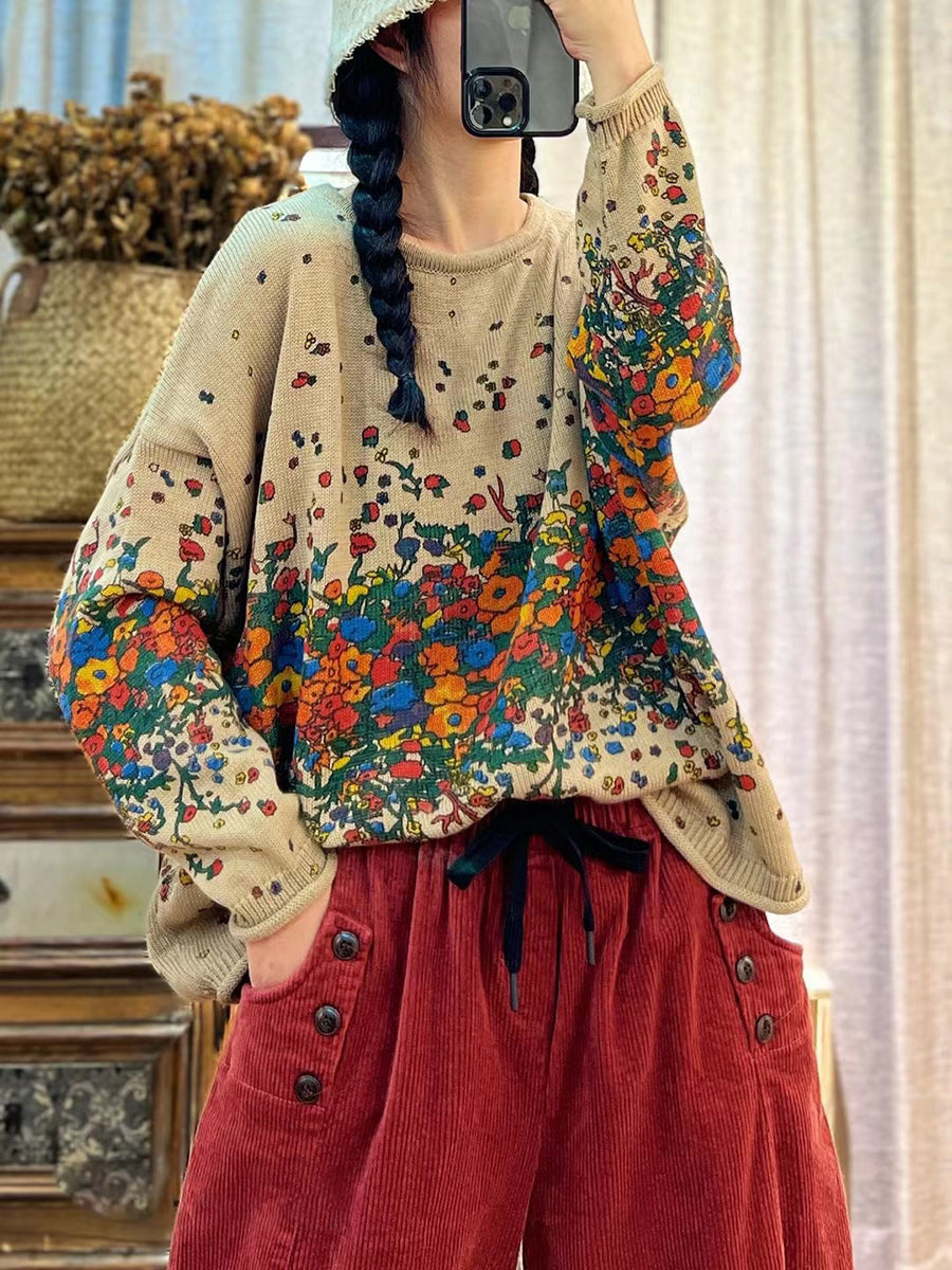 Autumn Artsy Loose Print O-neck Long Sleeve Sweaters