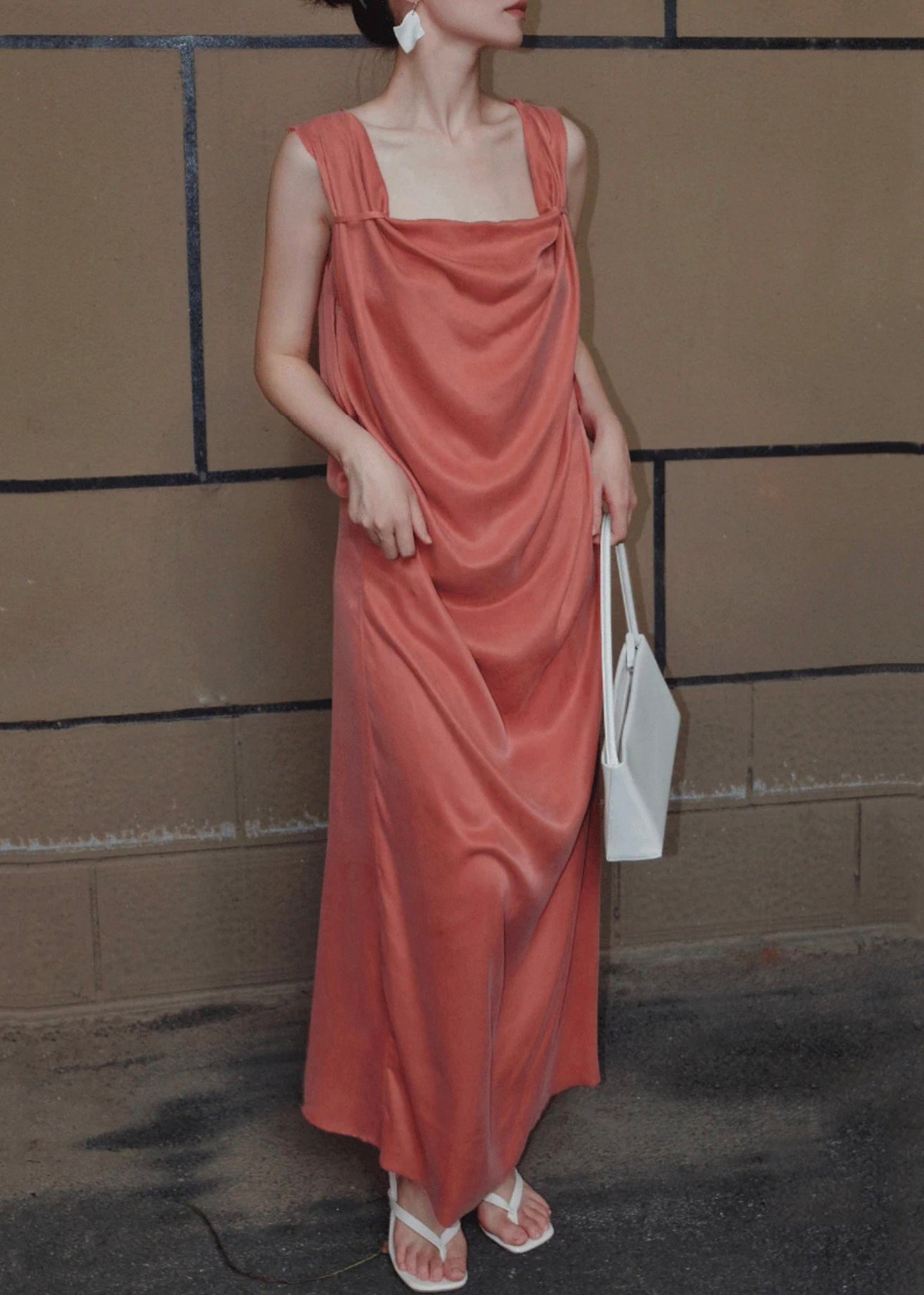 Orange Lace Up Silk Long Dresses Sleeveless