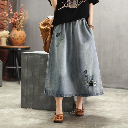 Embroidered Denim Retro Art Long Skirt