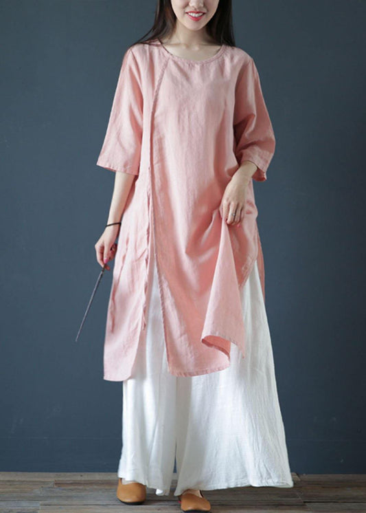 Classy O Neck Side Open Linen Dress Design Light Print Dresses