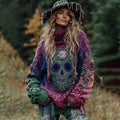 Women's Viking Tribal Jacquard Celtic With Rose And Skull Inspired Chunky Knit Turtleneck Sweater artswardrobe